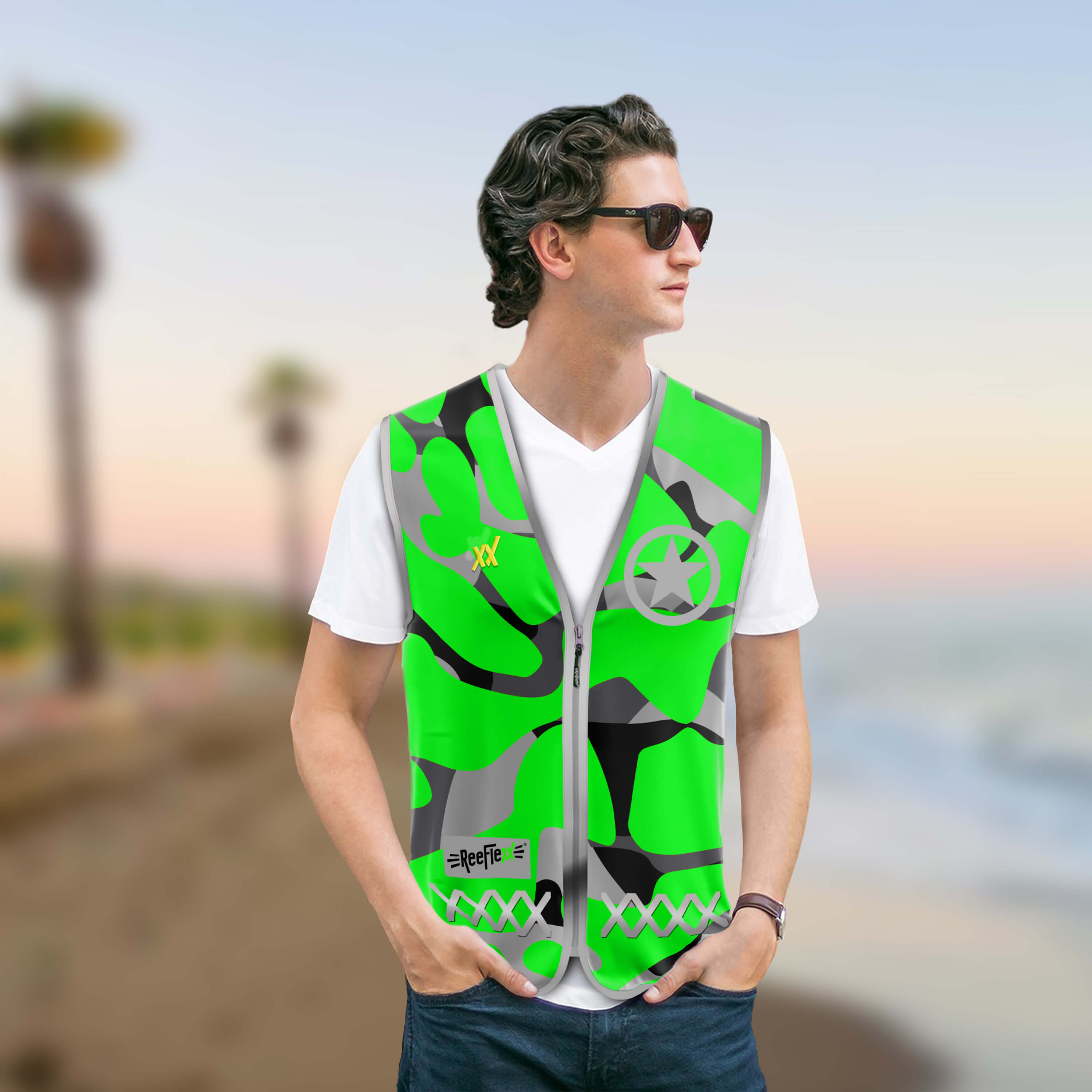 Green Camou Star - Herrenwarnweste