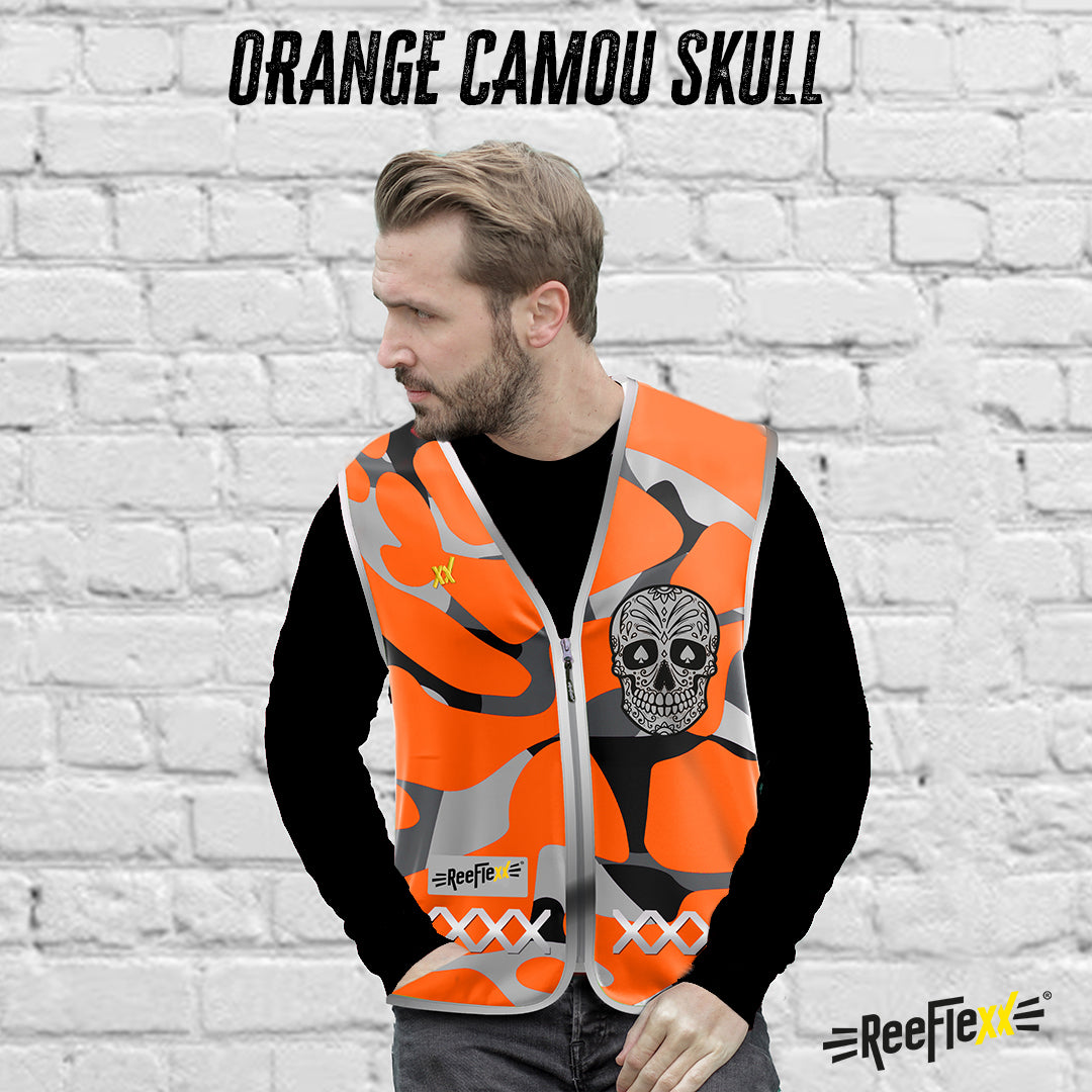 Orange Camou Skull - Herrenwarnweste